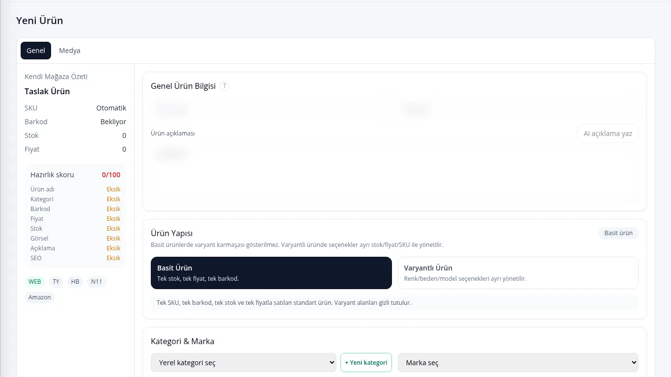 Simurgh ERP yeni ürün giriş formu